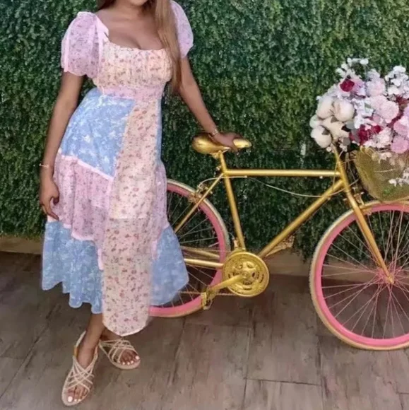 Floral Chiffon Multi-Color Square Neck Puff Sleeve Maxi Dress - Picture 14 of 16